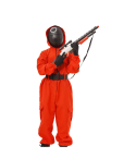 niño con disfraz guardia Squid Game, mono rojo juvenil con cinturón y guantes, disfraz Juego del Calamar niño Halloween