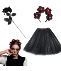 Pack de accesorios Catrina Zombie – Tutú, diadema con calaveras y rosa negra.