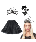 Tutu negro de 40 cm con diadema de araña y rosa negra para disfraz.