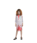 Disfraz de niña del Exorcista con camisón sangriento, con detalles en encaje y un diseño espeluznante, ideal para Halloween.