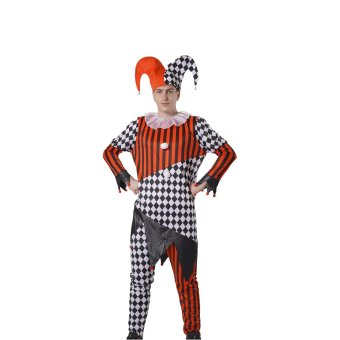 Disfraz de Payaso Arlequín para Hombre - Mono con Gorro Rojo y Negro