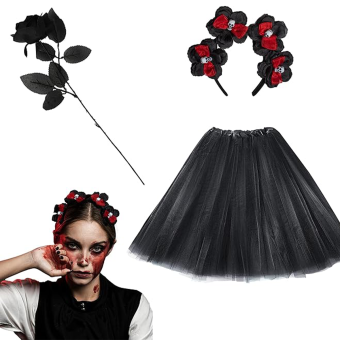 Pack de Accesorios Catrina Zombie Mujer– Tutú, Diadema y Rosa Negra