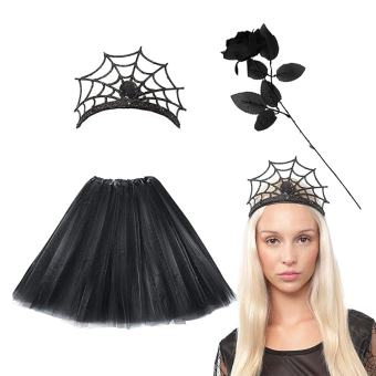 Pack Araña Mujer-Tutu Negro, Diadema y Rosa para Halloween
