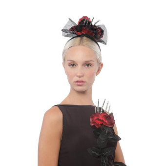 Diadema de Halloween con Flor Roja – Toque Elegante para Disfraces Mágicos
