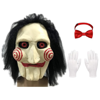 Disfraz Terrorífico de Saw – Máscara con Peluca, Pajarita y Guantes